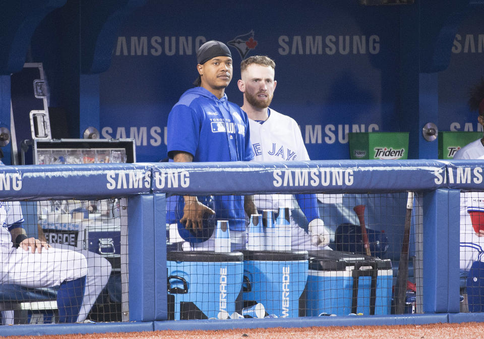 Jul 26, 2019; Toronto, Ontario, CAN; Toronto Blue Jays starting pitcher Marcus Stroman (6) watches from the dugout during the eighth inning against the Tampa Bay Rays at Rogers Centre. Mandatory Credit: Nick Turchiaro-USA TODAY Sports