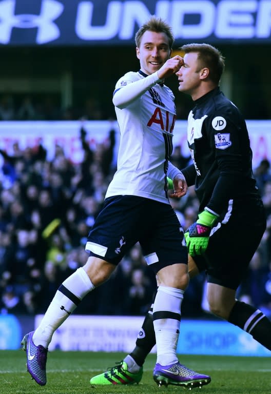Tottenham Hotspur's Christian Eriksen celebrates after scoring a goal during their English Premier League match against Bournemouth, at White Hart Lane in London, on March 20, 2016