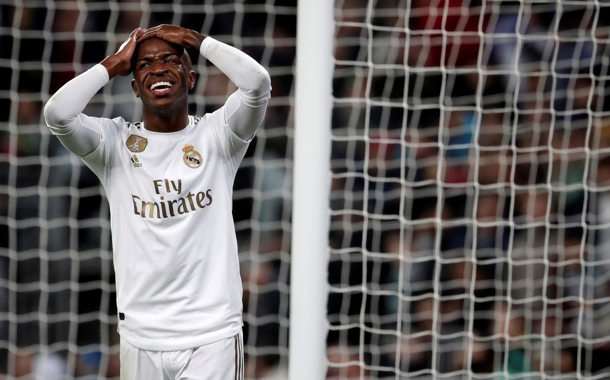 MADRID, SPAIN - NOVEMBER 02: Vinicius Junior of Real Madrid reacts during the La Liga match between Real Madrid CF and Real Betis Balompie at Santiago Bernabeu Stadium on November 02, 2019 in Madrid, Spain. (Photo by Burak Akbulut/Anadolu Agency via Getty Images)