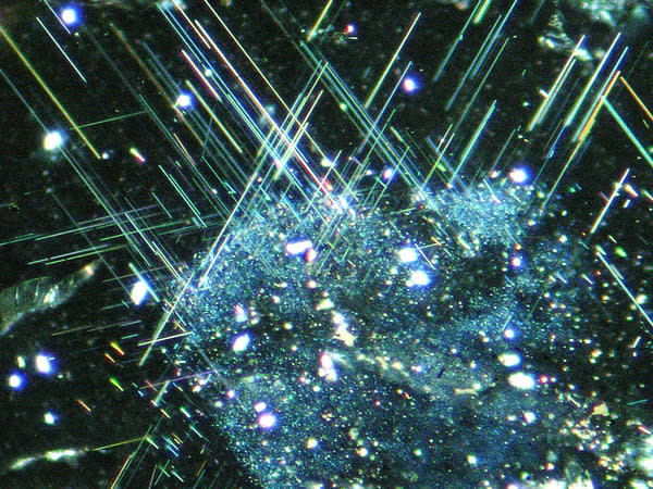 Microscopic view of needle-like inclusions of the mineral rutile within garnet seen under crossed-polarized light. Needles and other inclusions appear bright and the garnet hosting them appears black. The needle orientations are controlled by t