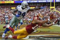 <p>Dallas Cowboys cornerback Morris Claiborne (24) breaks up a pass intended for Washington Redskins wide receiver Josh Doctson (18) in the end zone during the second half of an NFL football game in Landover, Md., Sunday, Sept. 18, 2016. (AP Photo/Alex Brandon) </p>