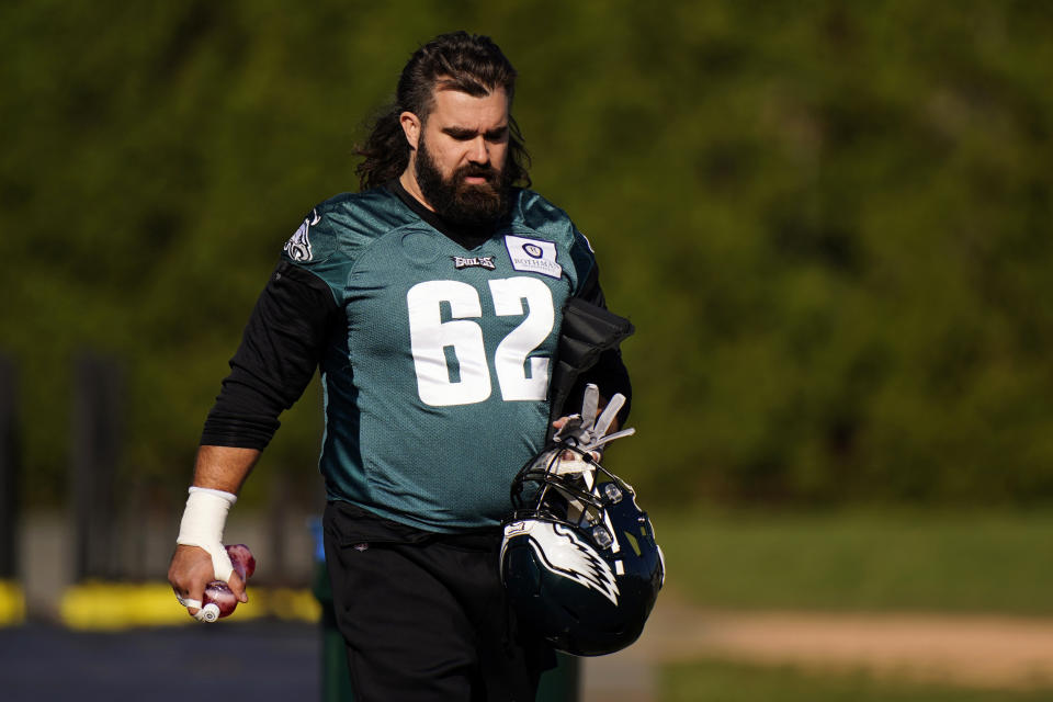 Philadelphia Eagles' Jason Kelce walks the field during practice at the NFL football team's training facility, Thursday, Nov. 19, 2020, in Philadelphia. (AP Photo/Matt Slocum, Pool)