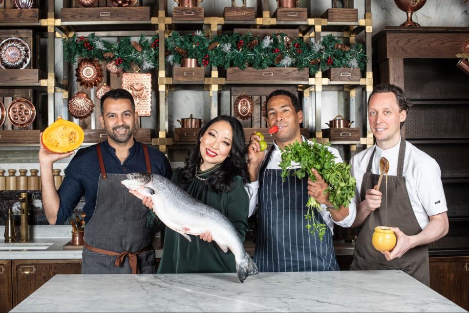 Joy to the world: (left to right) chefs Karan Gokani, Judy Joo, Brian Danclair and Calum Franklin   (Daniel Hambury/Stella Pictures Ltd)