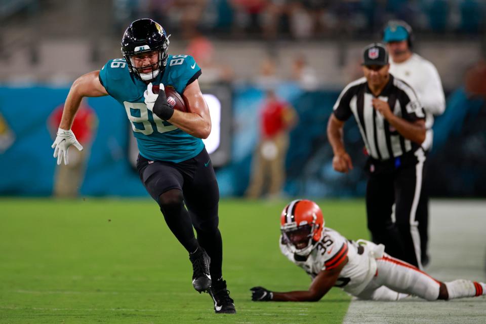 Jacksonville Jaguars tight end Gerrit Prince #86 shakes off Cleveland Browns safety Jovante Moffatt #35 during the fourth quarter of a preseason NFL game Friday, Aug. 12, 2022 at TIAA Bank Field in Jacksonville. The Cleveland Browns defeated the Jacksonville Jaguars 24-13. [Corey Perrine/Florida Times-Union]
