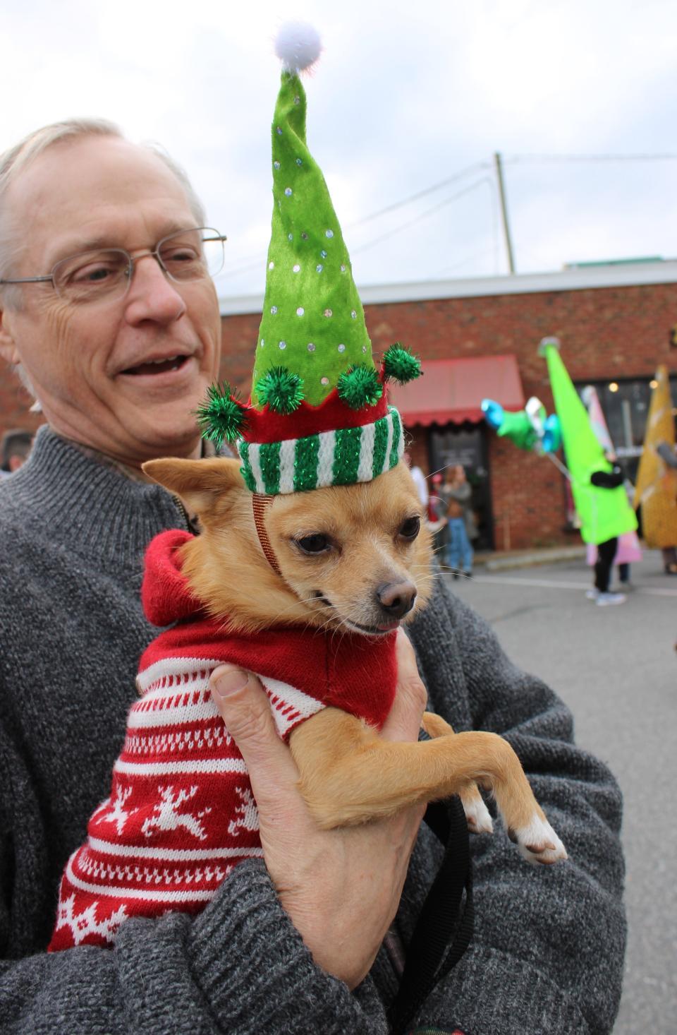 A dog wears a costume at the 16th Annual Carytown Cone Parade in Richmond on January 1, 2024.