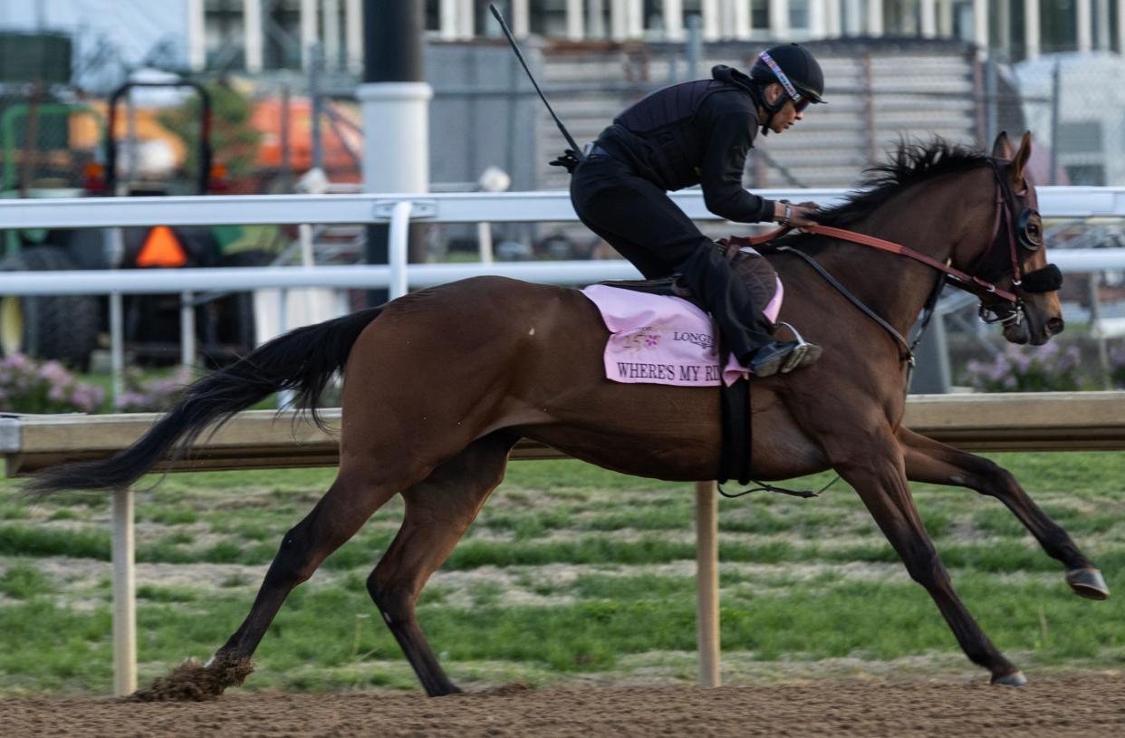 Kentucky Oaks hopeful, Where’s My Ring, gallups on the track at Churchill Downs. Special to the Courier Journal by Pat McDonogh. April 21, 2024
