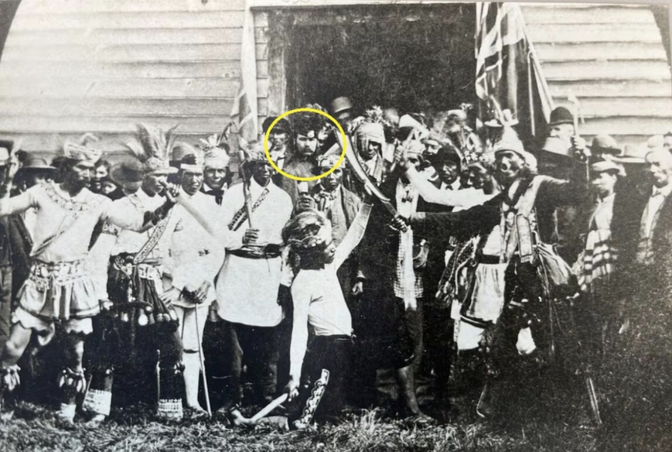 Simcoe Kerr, back centre with a moustache, along with other Six Nations members, awaits the arrival of Prince Arthur at the Mohawk Church in Brantford, Ont., on Oct. 1, 1869. Kerr presided over a naming ceremony for the prince, who later became Governor General. (Library and Archives Canada/C-014461)