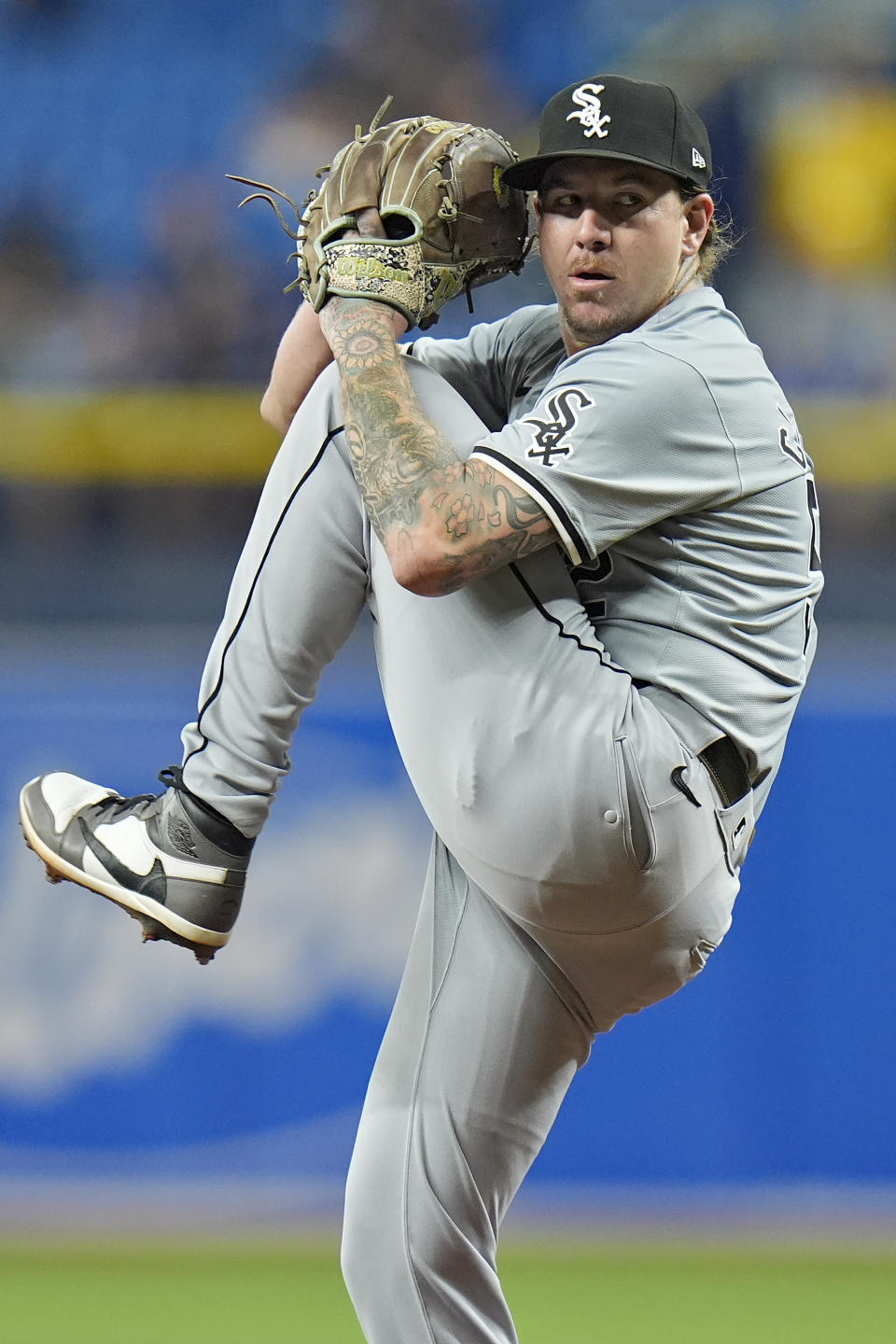 Chicago White Sox pitcher Mike Clevinger goes into his windup against the Tampa Bay Rays during the first inning of a baseball game Monday, May 6, 2024, in St. Petersburg, Fla. (AP Photo/Chris O'Meara)