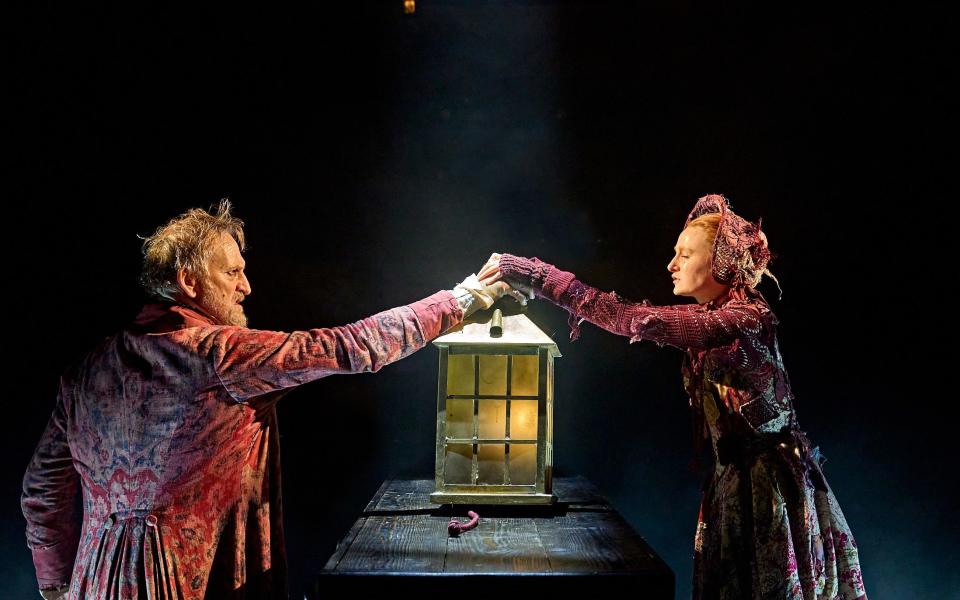 Christopher Eccleston as Ebenezer Scrooge and Rose Shalloo as Little Fan in A Christmas Carol at The Old Vic