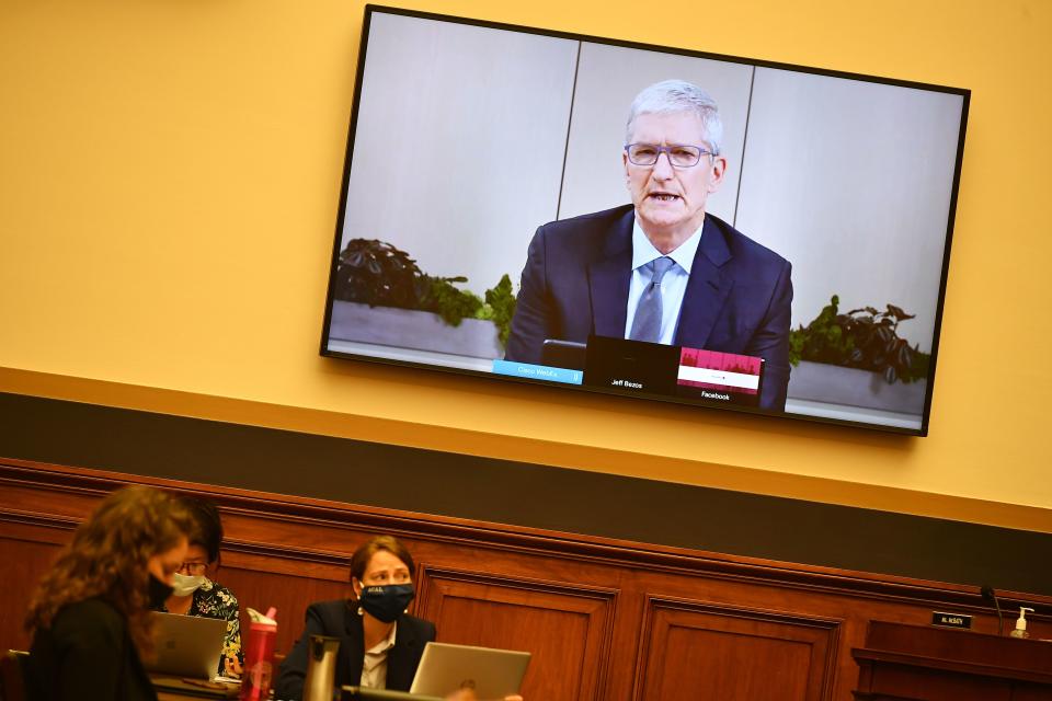 Apple CEO Tim Cook testifies before the House Judiciary Subcommittee on Antitrust, Commercial and Administrative Law on "Online Platforms and Market Power" in the Rayburn House office Building on Capitol Hill in Washington, DC on July 29, 2020. (Photo by MANDEL NGAN / POOL / AFP) (Photo by MANDEL NGAN/POOL/AFP via Getty Images)