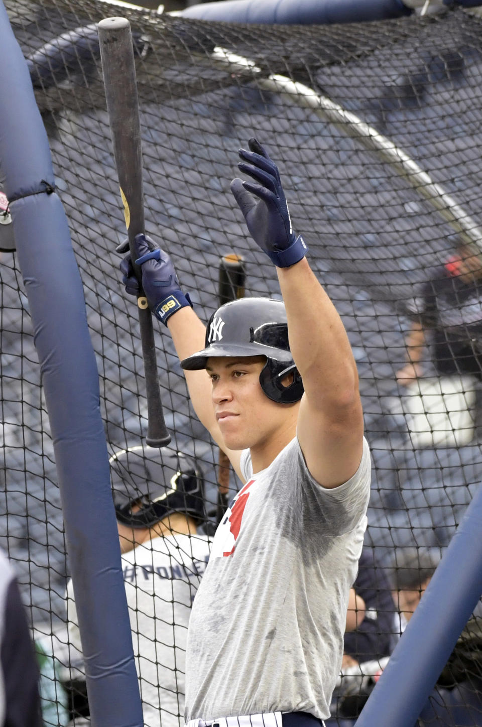 New York Yankees' Aaron Judge reacts as he waits to hit during batting practice before a baseball game against the Toronto Blue Jays, Friday, Sept. 14, 2018, at Yankee Stadium in New York. (AP Photo/Bill Kostroun)