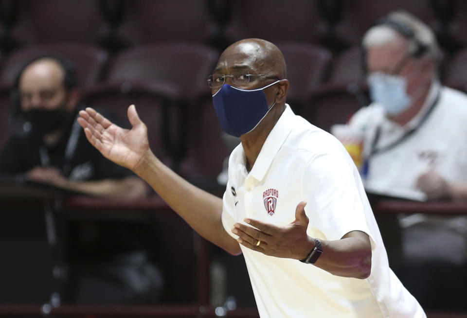 Radford head coach Mike Jones reacts to a play in the second half of an NCAA college basketball game against Virginia Tech, Wednesday Nov. 25, 2020, in Blacksburg Va. (Matt Gentry/The Roanoke Times via AP)