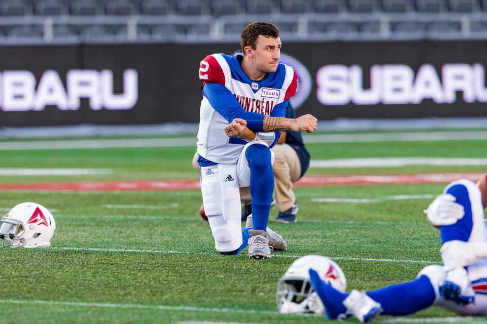 OTTAWA, ON - AUGUST 11: Montreal Alouettes quarterback Johnny Manziel (2) takes a break during warm-up before Canadian Football League action between the Montreal Alouettes and Ottawa Redblacks on August 11, 2018 at TD Place Stadium, in Ottawa, ON, Canada. (Photo by Richard A. Whittaker/Icon Sportswire via Getty Images)