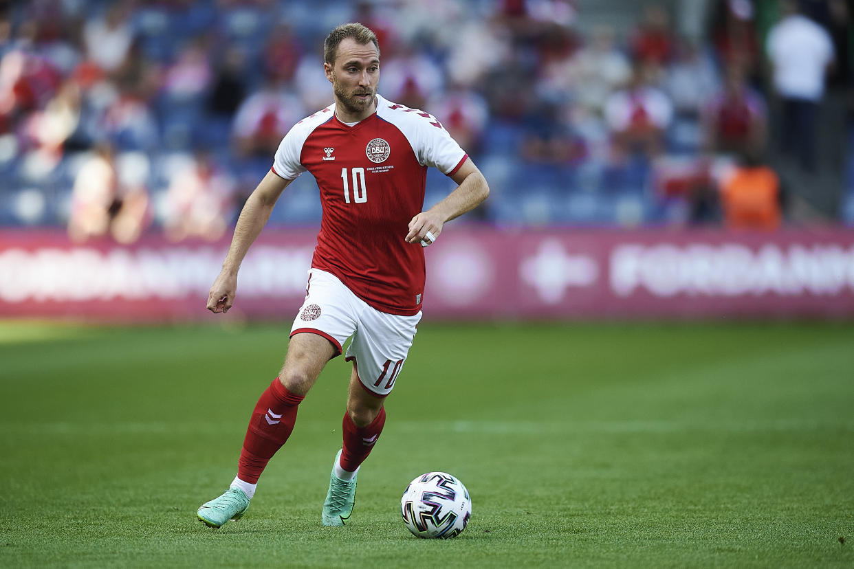 BRONDBY, DENMARK - JUNE 06: Christian Eriksen of Denmark in action during the test match between Denmark and Bosnia-Herzegovina at Brondby Stadion on June 06, 2021 in Brondby, Denmark. (Photo by Jan Christensen / FrontzoneSport via Getty Images)