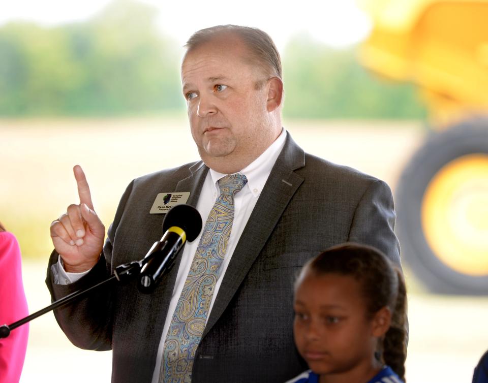 President and CEO of the Springfield Sangamon Growth Alliance Ryan McCrady speaks during the Scheels Sports Park at Legacy Pointe groundbreaking on South MacArthur Blvd., Wednesday, Sept. 20, 2023.