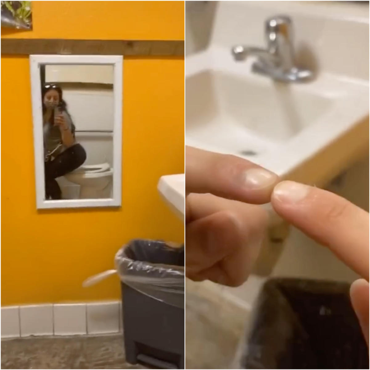 Woman investigates after noticing strangely placed mirror in restaurant  bathroom