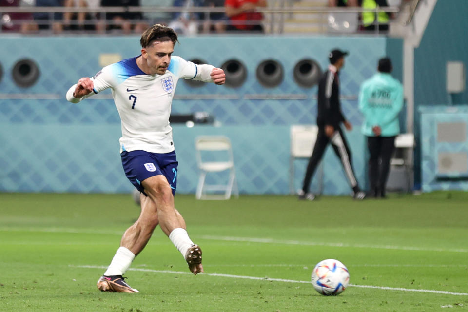 DOHA, QATAR - NOVEMBER 21: Jack Grealish of England scores their team's sixth goal during the FIFA World Cup Qatar 2022 Group B match between England and IR Iran at Khalifa International Stadium on November 21, 2022 in Doha, Qatar. (Photo by Alex Pantling - The FA/The FA via Getty Images)