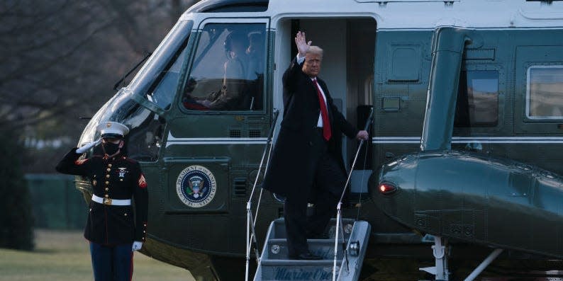 President Donald Trump boards Marine One as he departs the White House on January 20, 2021 in Washington, DC