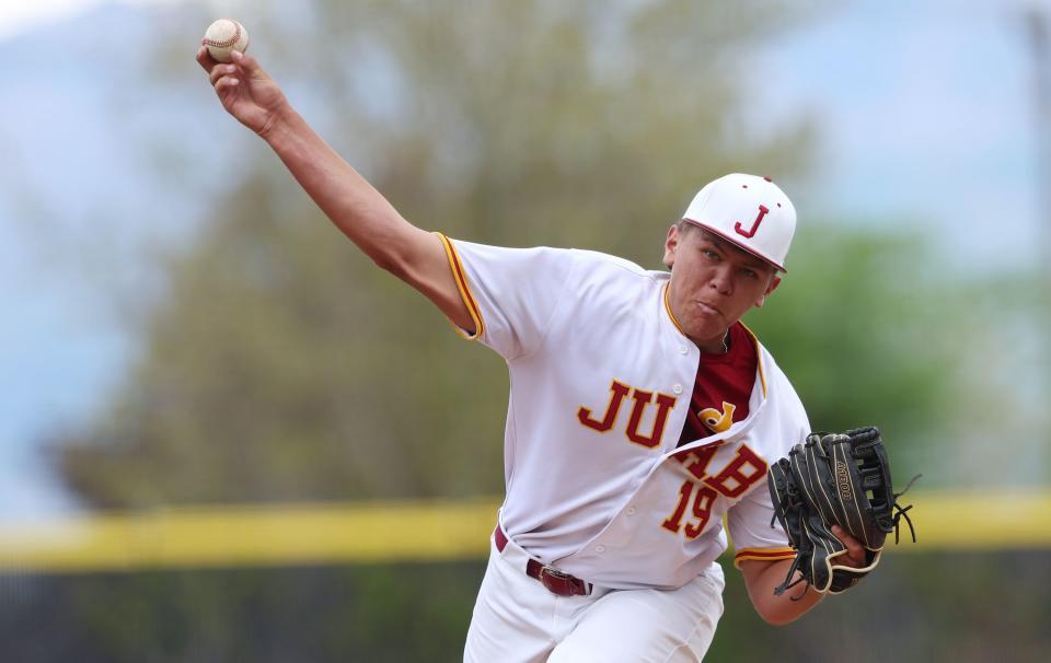 Juab’s Kanyon Mattinson pitches the ball as it and Juan Diego Catholic High School play for the 3A baseball championship at Kearns High on Saturday, May 13, 2023. Juab won 7-4. | Scott G Winterton, Deseret News