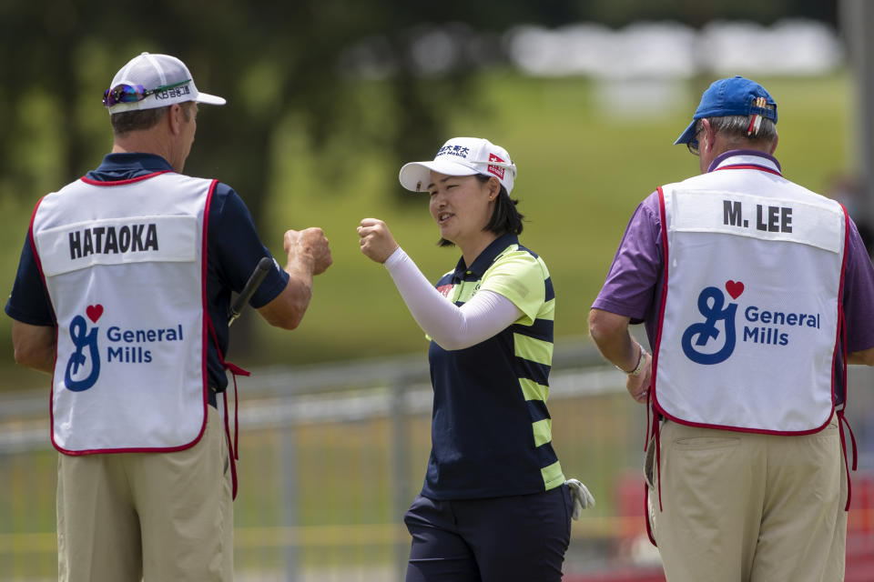 Min Lee reacts on the 18th hole during the first round of the Meijer LPGA Classic golf tournament at the Blythefield Country Club in Belmont, Mich., Thursday, June 17, 2021. (Cory Morse/The Grand Rapids Press via AP)