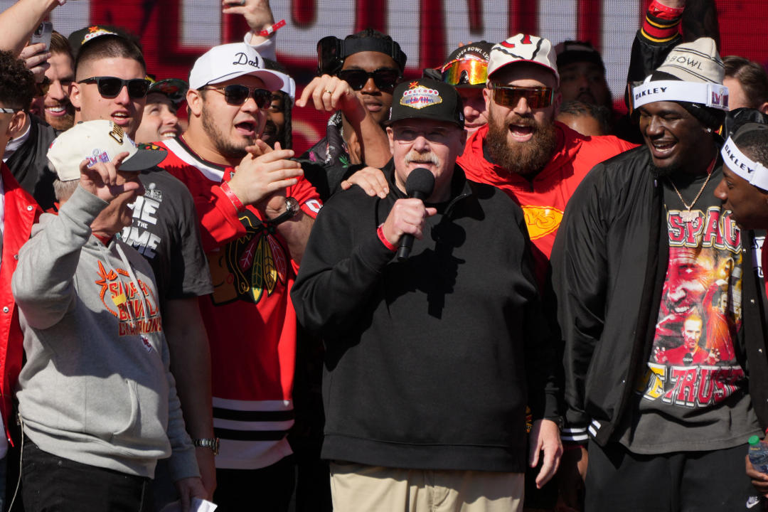 Kansas City Chiefs head coach Andy Reid addresses the crowd on stage during the Super Bowl celebration that preceded the shooting.