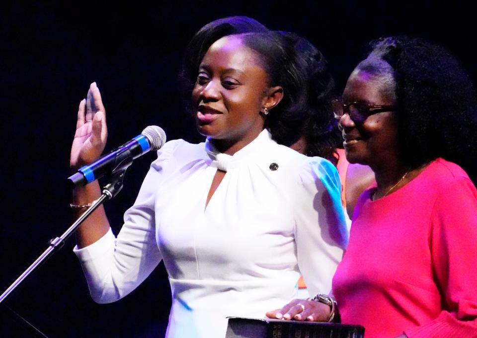 Kesha Hodge Washington is sworn in as a new member of the Phoenix City Council during a ceremony on April 17, 2023, at the Orpheum Theater in Phoenix.