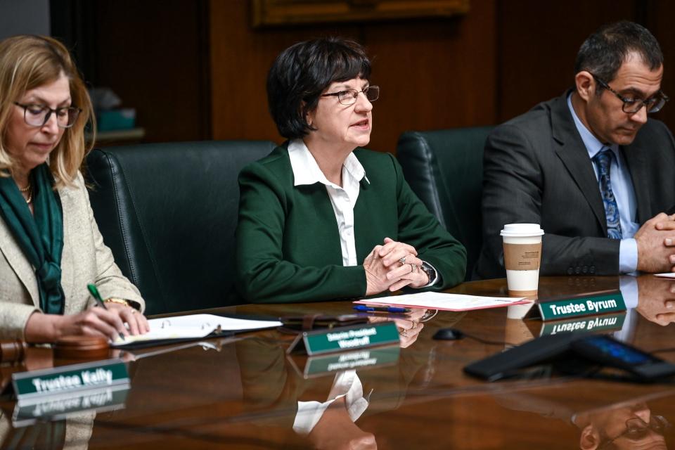 Michigan State Trustee Dianne Byrum speaks during a board meeting on Wednesday, Jan. 11, 2023, at the Hannah Administration Building on campus in East Lansing.