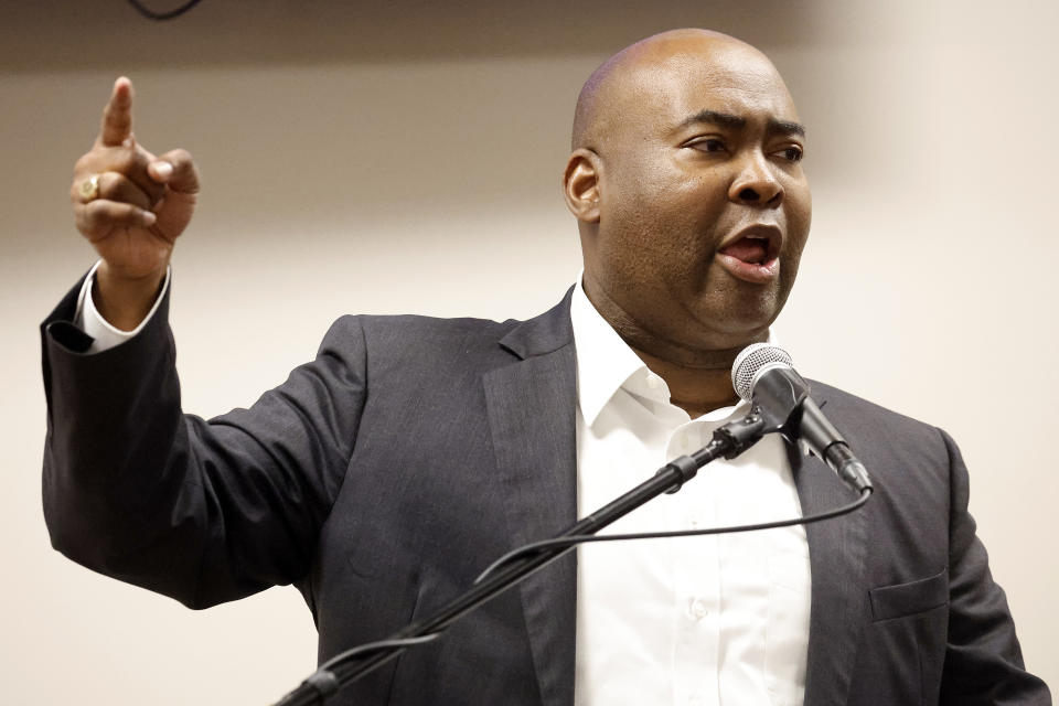 Jaime Harrison, chair of the Democratic National Committee, speaks at a meeting of the Democratic Committee of North Carolina at the Word of Tabernacle Church in Rocky Mount, N.C., Thursday, May 23, 2024. (AP Photo/Karl B. DeBlaker)