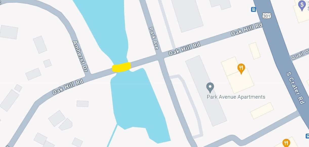 This Google map shows Oak Hill Road as the main access from South Crater Road into the Walnut Hill Gardens neighborhood. The yellow mark indicates a bridge over Mill Pond that has been closed for approximately three years.