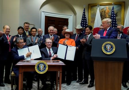 U.S. President Donald Trump holds signing ceremony for the U.S.-Japan Trade Agreement at White House in Washington