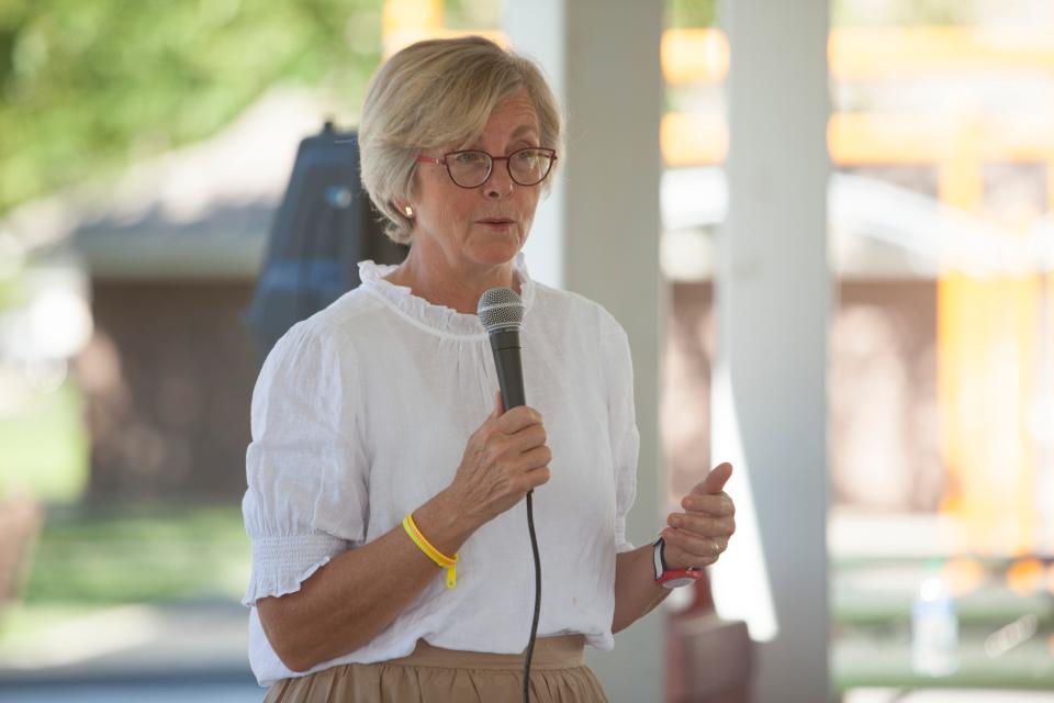 Becky Edwards, a candidate for Utah's 2nd Congressional District in this year's Republican primary, speaks to supporters at Vernon Worthen Park in St. George during the 2022 election season.