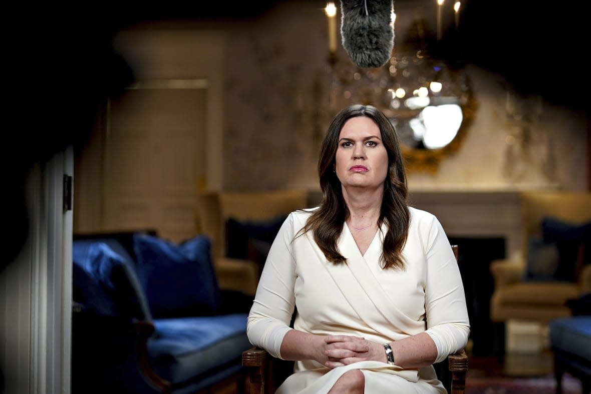 Gov. Sarah Huckabee Sanders, R-Ark., waits to deliver the Republican response to President Biden’s State of the Union address, Tuesday, Feb. 7, 2023, in Little Rock, Ark. (Al Drago/Bloomberg, Pool)
