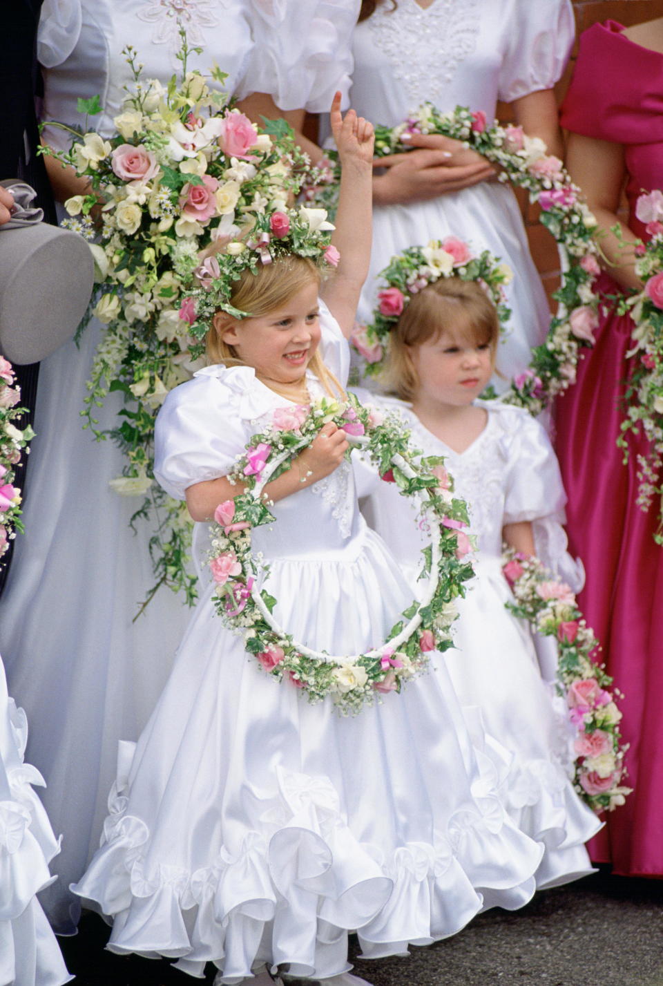 MANCHESTER, UNITED KINGDOM - APRIL 24:  Princess Beatrice And Princess Eugenie As Bridesmaids At Alison Wardley Wedding.  (Photo by Tim Graham Photo Library via Getty Images)