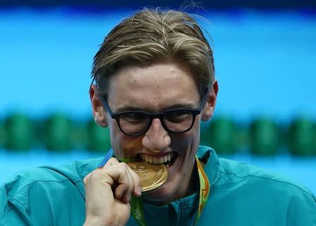 2016 Rio Olympics - Swimming - Victory Ceremony - Men's 400m Freestyle Victory Ceremony - Olympic Aquatics Stadium - Rio de Janeiro, Brazil - 06/08/2016. Mack Horton (AUS) of Australia poses with his gold medal. REUTERS/Marcos Brindicci