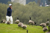 Paul Casey walks past a flock of geese on the 18th hole during the third round of the PGA Championship golf tournament at TPC Harding Park Saturday, Aug. 8, 2020, in San Francisco. (AP Photo/Charlie Riedel)