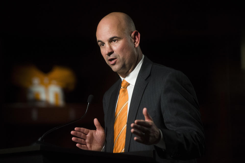 FILE - New Tennessee NCAA college football head coach Jeremy Pruitt speaks at his introduction ceremony in Knoxville, Tenn., Thursday, Dec. 7, 2017. The NCAA fined Tennessee more than $8 million on Friday, July 14, 2023, and issued a scathing report outlining more than 200 infractions during the three-year tenure of former coach Jeremy Pruitt. The Volunteers escaped a postseason ban. (Caitie McMekin/Knoxville News Sentinel via AP, File)