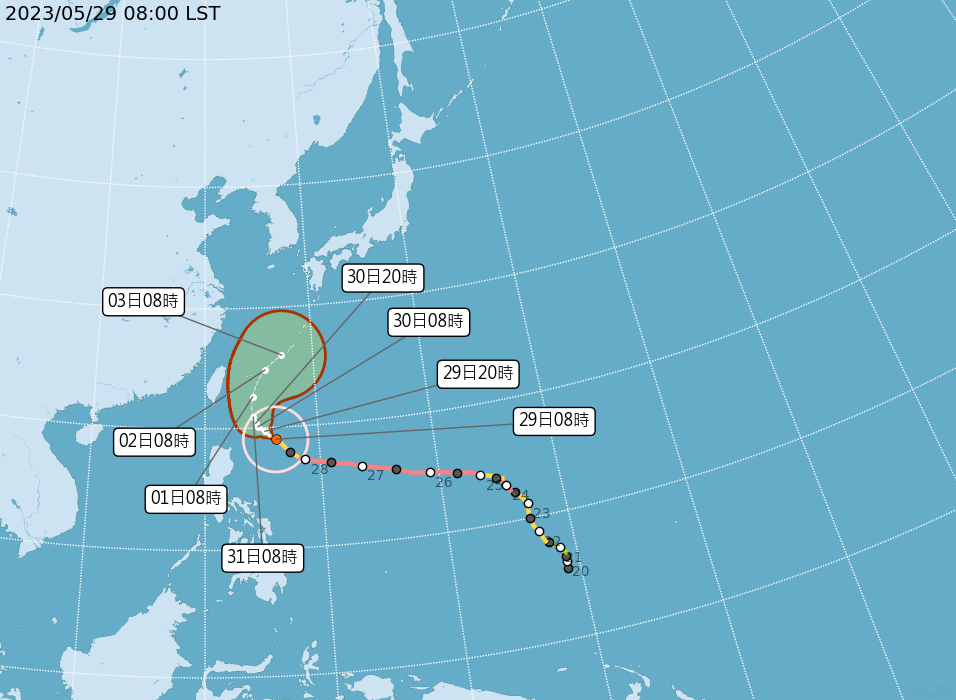 瑪娃颱風路徑潛勢預報圖。(中央氣象局提供)