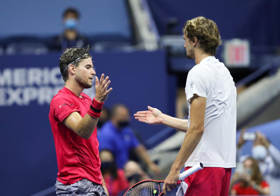 Dominic Thiem shakes hands with Alexander Zverev after winning their Men's Singles final match on Day Fourteen of the 2020 US Open.