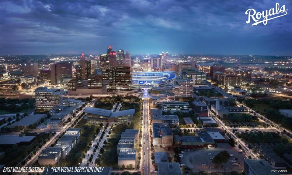 A rendering from stadium design firm Populous shows a concept of what a new downtown Kansas City Royals stadium located in the East Village might look like.