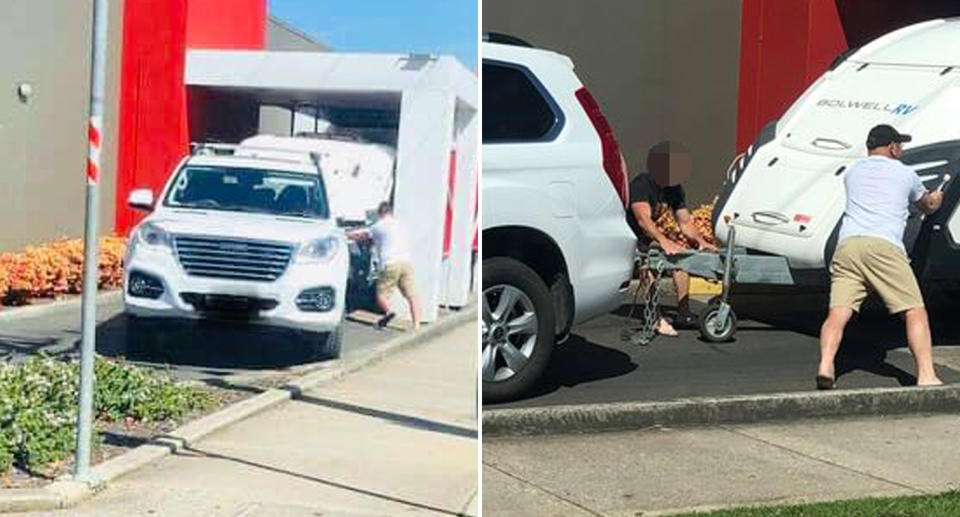 A caravan is pictured stuck in a drive-through at a KFC in Devonport.