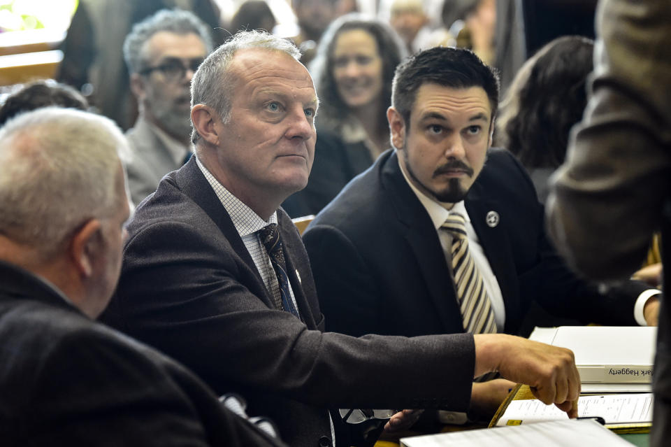 Attorneys for the State of Montana are seen before a hearing in the climate change lawsuit, Held vs. Montana, at the Lewis and Clark County Courthouse on June 20, 2023, in Helena, Mont. The office of Montana's Republican attorney general is appealing a landmark ruling in the case from a state judge who said officials weren’t doing enough to protect the plaintiffs from the harms of global warming. (Thom Bridge/Independent Record via AP, file)