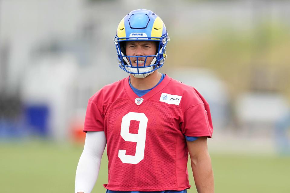 Los Angeles Rams quarterback Matthew Stafford (9) reacts during minicamp at Cal Lutheran University.