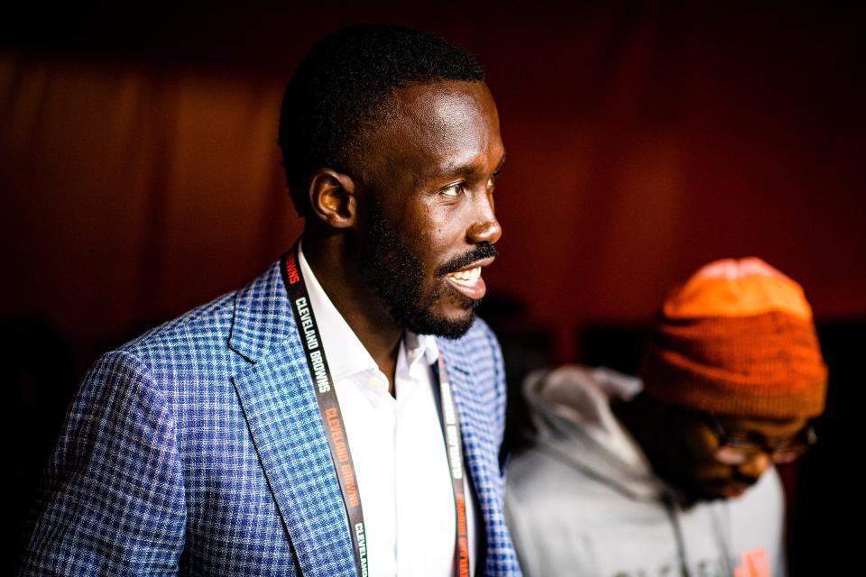 Vice President of Football Operations Kwesi Adofo-Mensah before a NFL football game between the Arizona Cardinals and Cleveland Browns on October 17, 2021 at FirstEnergy Stadium. The Browns lost 37-14.