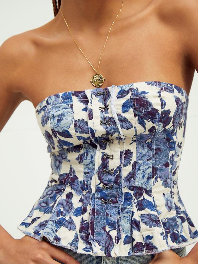 Plus Blue Renaissance Print Structured Corset Top