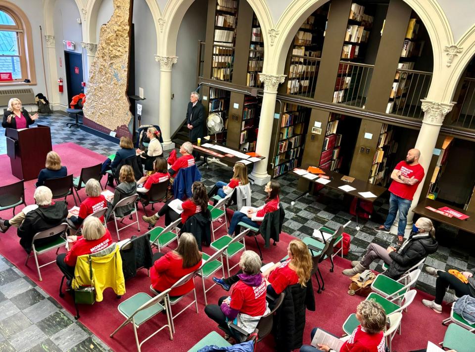 Sen. Debra Altschiller, a Stratham Democrat, encourages Moms Demand Action members to continue pushing for gun safety bills. Several hours later, the Senate defeated a bill that would have prohibited guns on school grounds.