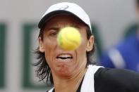 Tennis - French Open - Roland Garros - Francesca Schiavone of Italy vs France's Kristina Mladenov - Paris, France - 24/05/16. Francesca Schiavone eyes the ball. REUTERS/Gonzalo Fuentes