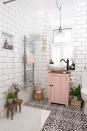 <p> No bath to paint? No problem, try painting your vanity unit or any storage you have in your bathroom. Keep it looking modern by teaming pops of pink with boldly patterned monochrome flooring and an array of house plants.  </p>
