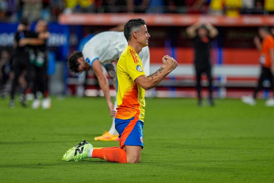 Jul 10, 2024; Charlotte, NC, USA; Columbia midfielder James Rodriguez (10) celebrates a win over Uruguay during the Copa Armerica Semifinal match at Bank of America Stadium. Mandatory Credit: Jim Dedmon-USA TODAY Sports