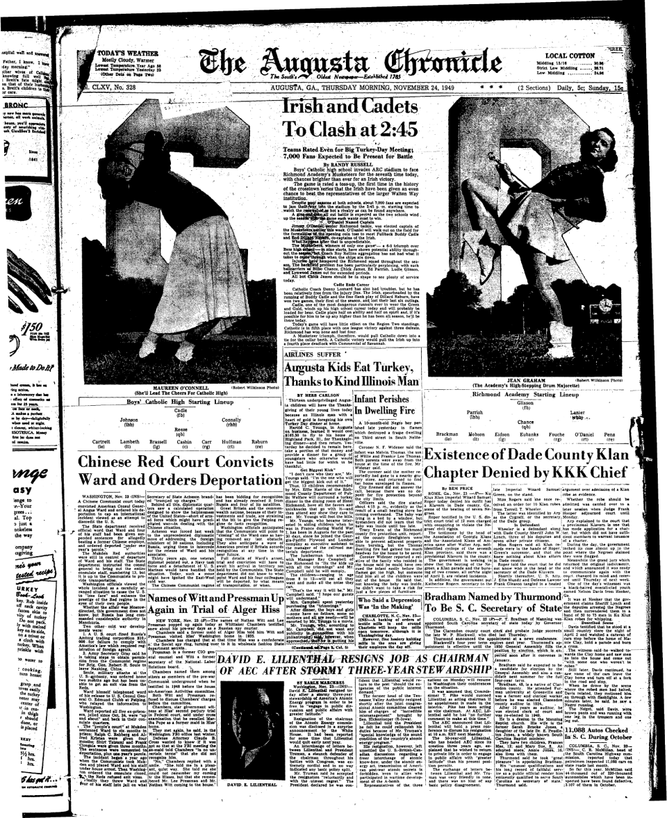 The front page of the Augusta Chronicle on Thanksgiving on November 24, 1949.