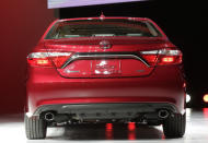 The rear of the 2015 Toyota Camry is shown at the New York International Auto Show, Wednesday, April 16, 2014, in New York. (AP Photo/Mark Lennihan)